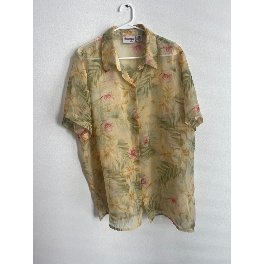 Joanna Plus Yellow Tropical Floral Sheer Chiffon Button Down Shirt Womens 20W